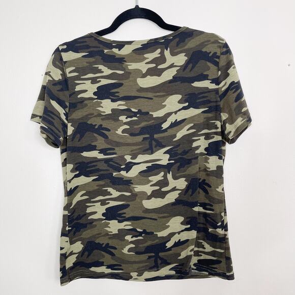 Boutique Camo Printed Cross Front V Neck Short Sleeve Tee Small S Green Brown - Picture 2 of 7